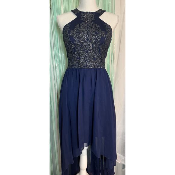 Xtrordinary Navy Blue Hi-Lo Dress, Beaded/Glitter, Halter, Open Back, Size 7 - Picture 1 of 8